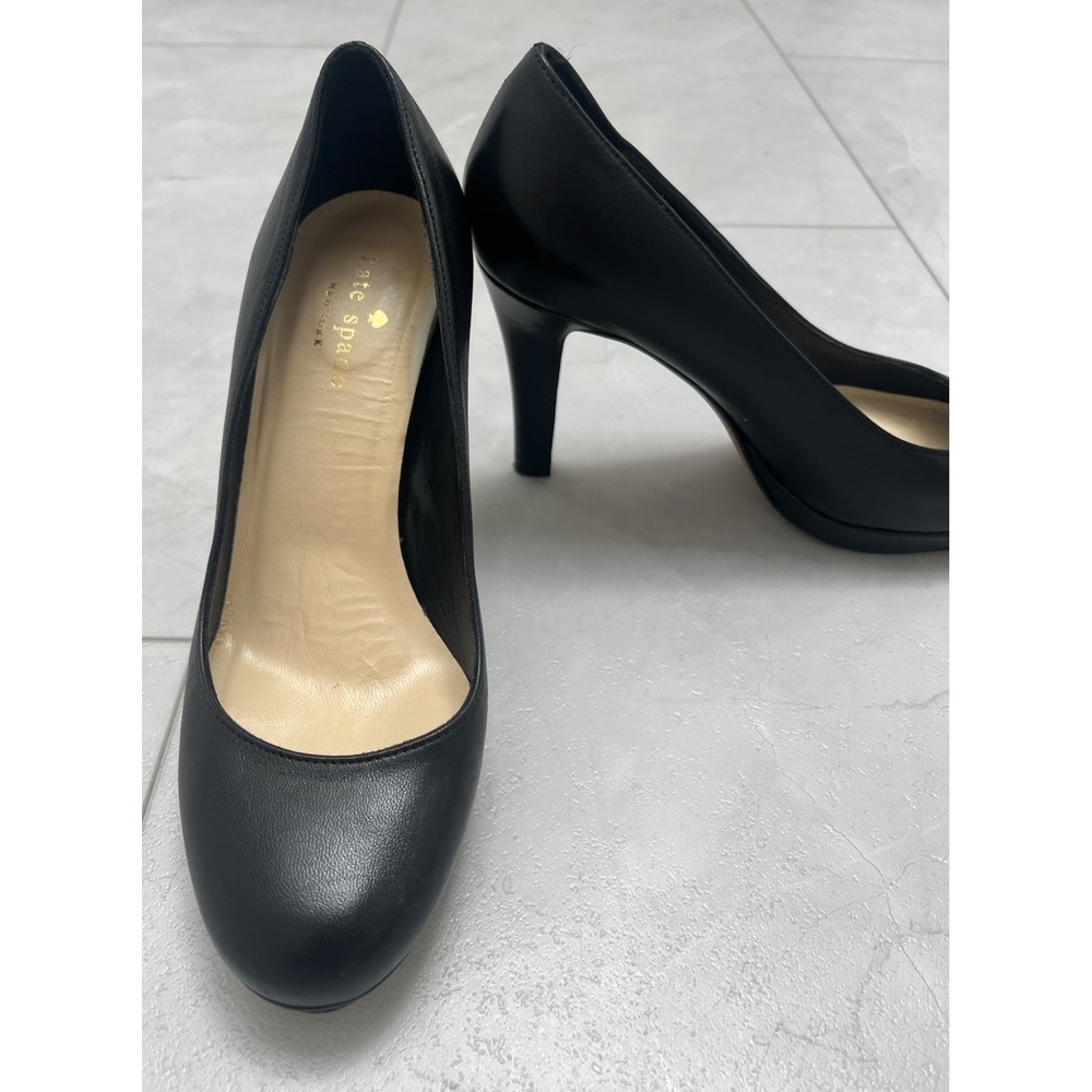 Kate Spade Women Black Leather Kitten HEELS PUMPS Size 6 B Closed Round Toe